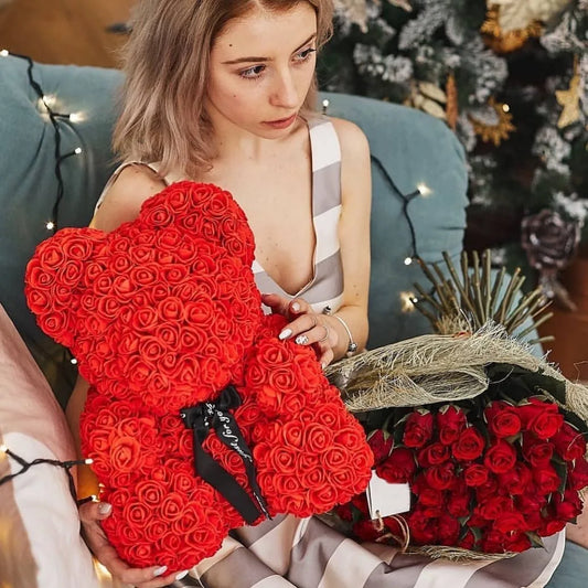 Red Rose Bear 40cm Bear Of Roses Artificial Flower Rose Teddy Bear For Women Valentine's Day