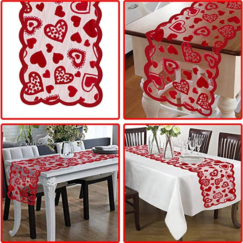 Valentines Day Decoration 72x13inch Red Heart Lace Table Runner Placemats