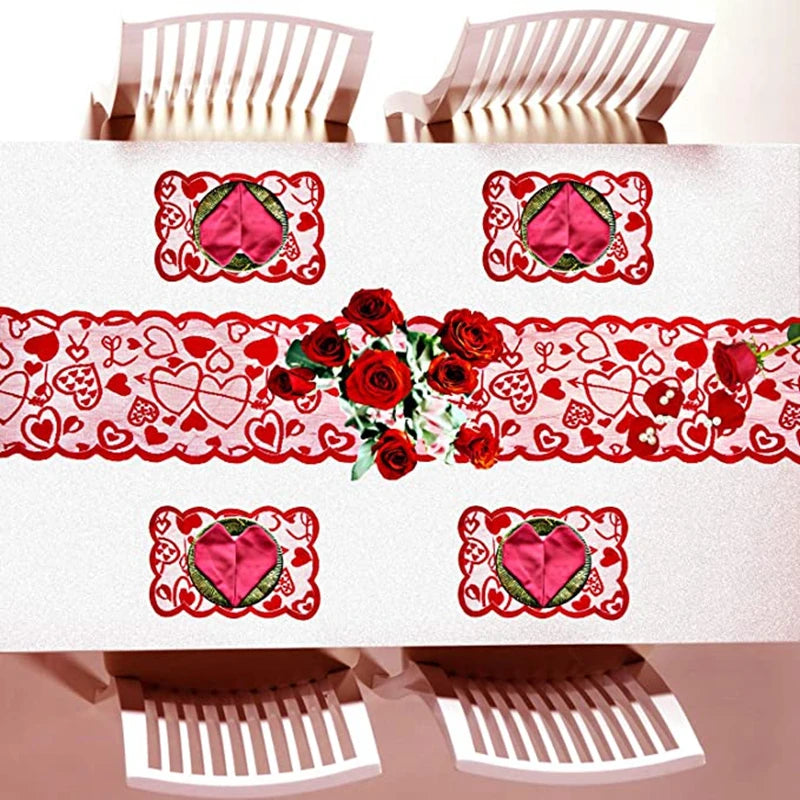 Valentines Day Decoration 72x13inch Red Heart Lace Table Runner Placemats