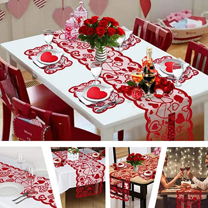 Valentines Day Decoration 72x13inch Red Heart Lace Table Runner Placemats