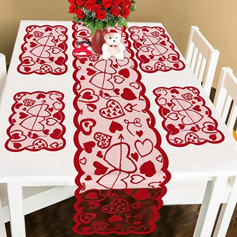 Valentines Day Decoration 72x13inch Red Heart Lace Table Runner Placemats