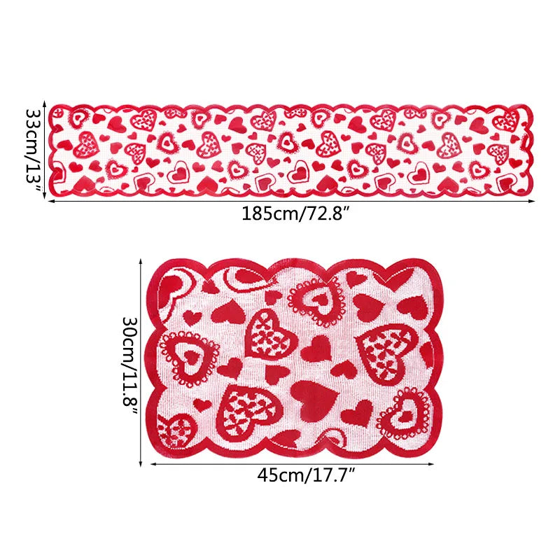 Valentines Day Decoration 72x13inch Red Heart Lace Table Runner Placemats